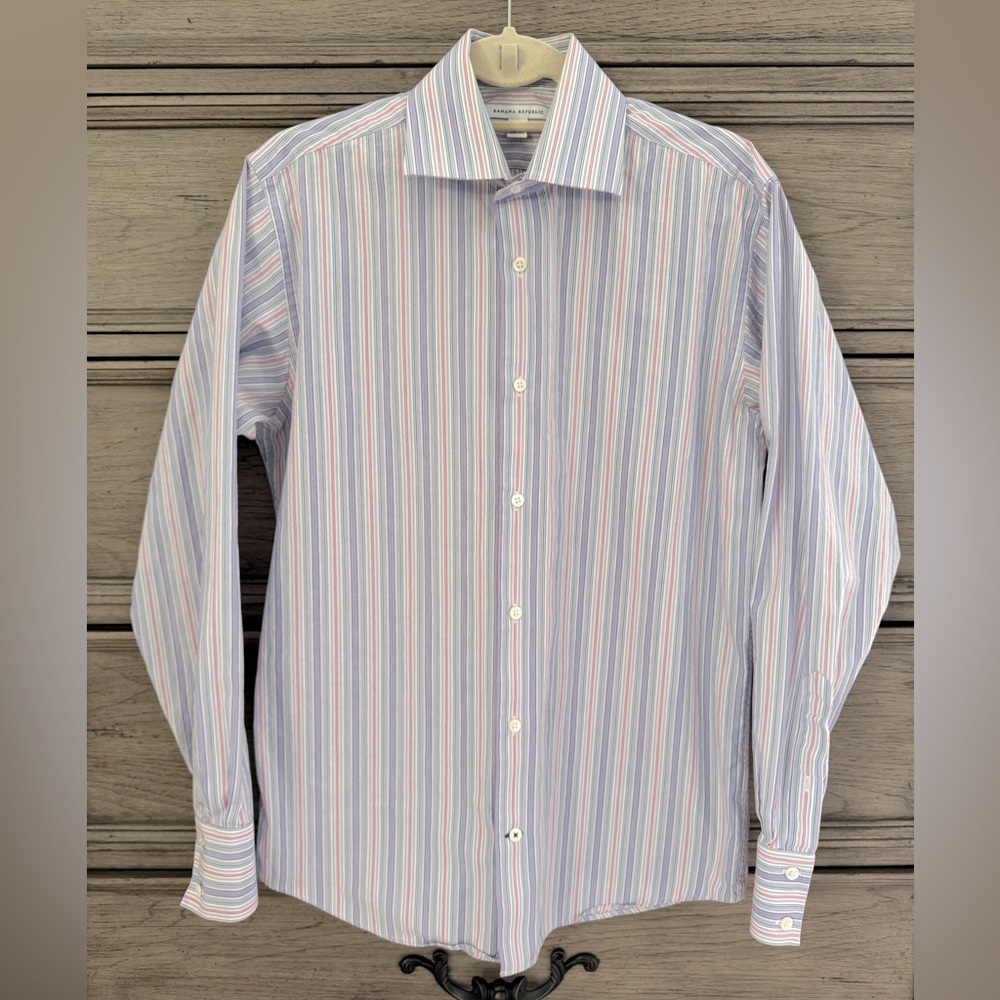 Banana Republic Striped Collared Button Down EUC White Blue Pink Dress S…